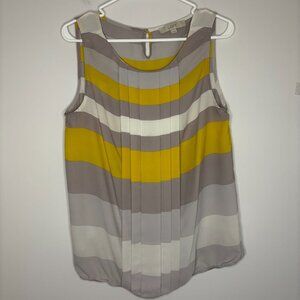 LOFT Women's M Blouse Sleeveless White Gray Yellow Balloon Pleats Keyhole Button